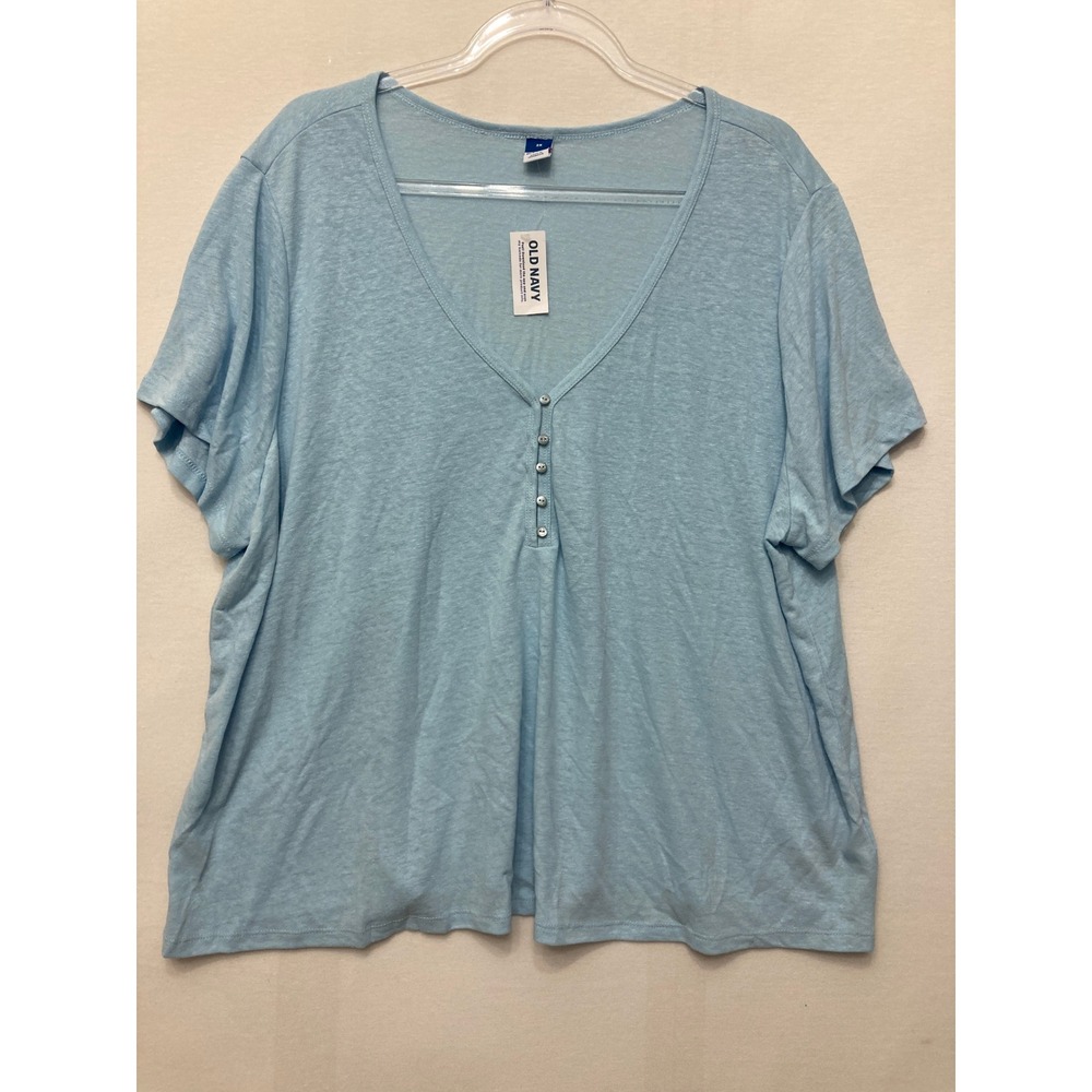 New Old Navy Henley T-Shirt 2X Blue Linen Blend V-Neck Short Sleeve Top